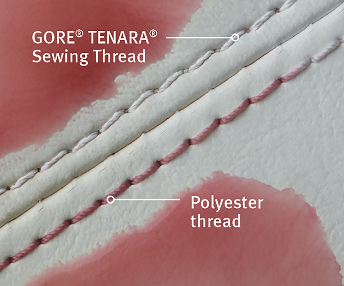 ゴア® TENARAソーイングスレッドは、酸性やアルカリ性の液体、漂白剤、洗浄剤の影響を受けず、染みも付きません。