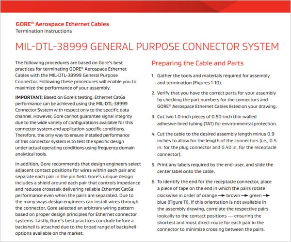 GORE® Aerospace Ethernet Cables - Termination Instructions - MIL-DTL-38999 General Purpose Connector System Document Thumbnail