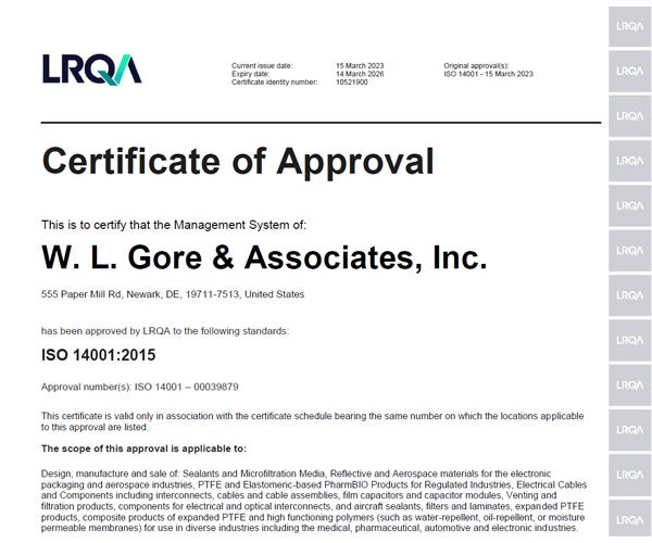 La première page du certificat ISO14001.