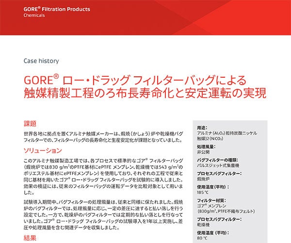 GORE<sup>®</sup> ロー・ドラッグ フィルターバッグによる 触媒精製工程のろ布長寿命化と安定運転の実現