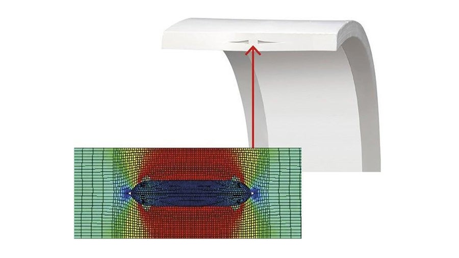 有限要素解析(FEA)モデルで確認したゴア® ガスケットテープ シリーズ1000の断面図。赤色は最適なシール応力を示しています。