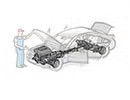 車のそばに立つ男性と、パワートレイン部品が強調表示された車のイラスト