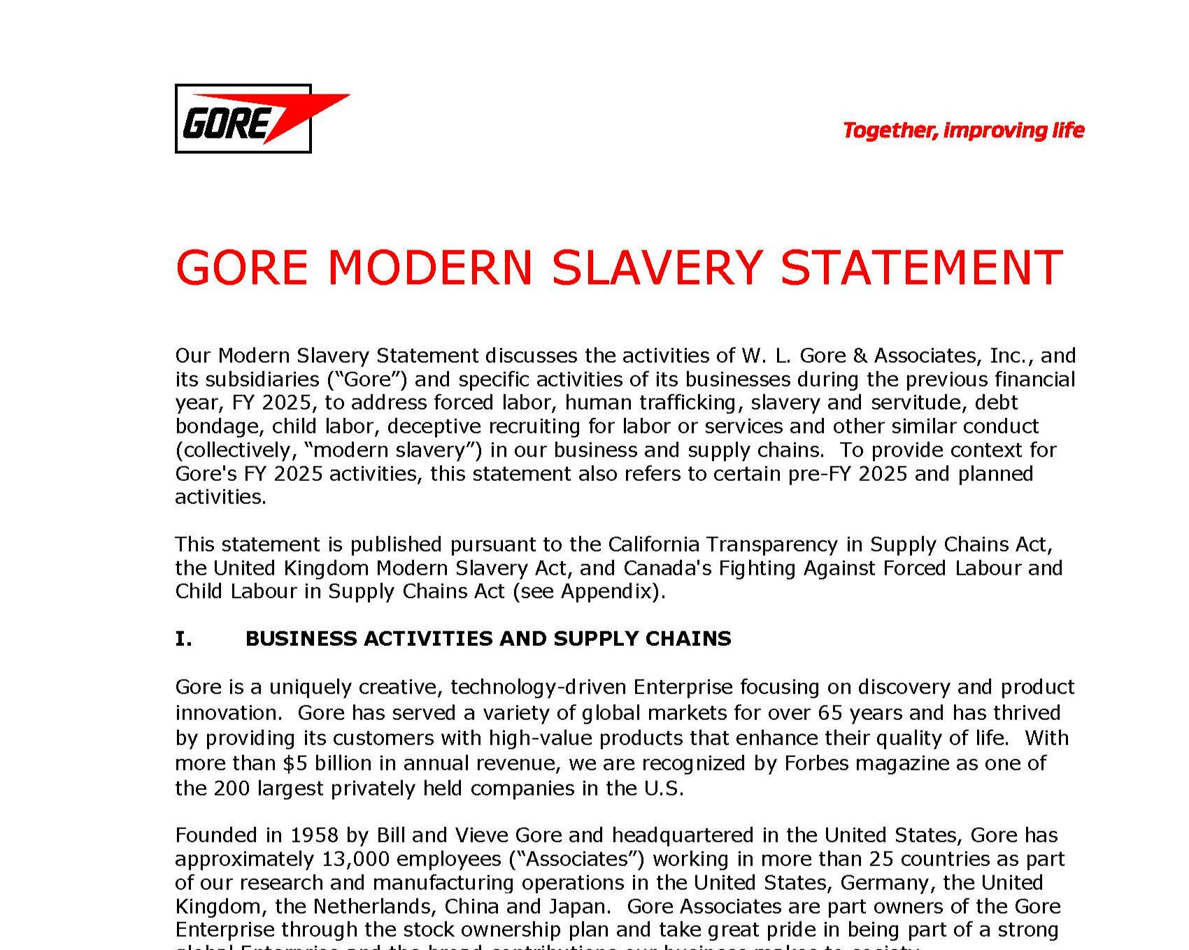 First page of the Gore modern slavery statement