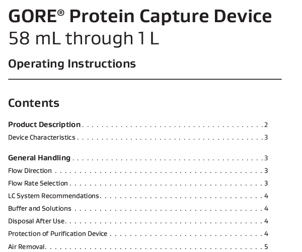 Operating Instructions: GORE® Protein Capture Device for 58 mL through 1 L