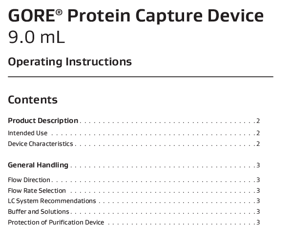 Document image: GORE Protein Capture Device for Early Clinical Applications, 9.0mL (PROA103) - Operating Instructions