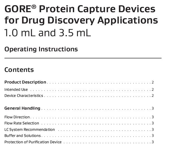 Image of Operating Instructions for GORE® Protein Capture Devices