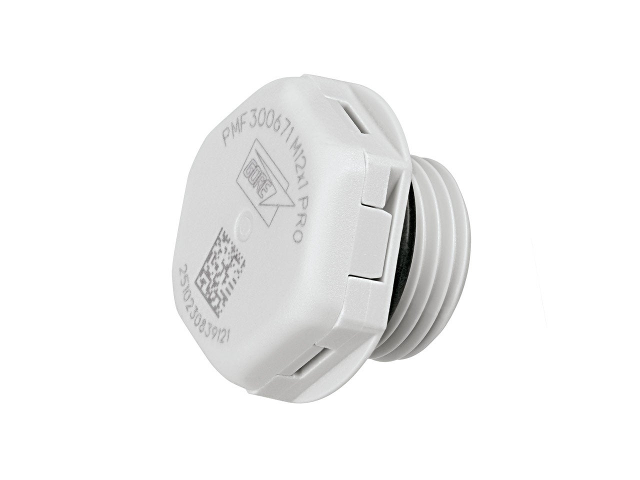 White threaded plastic vent with a rounded square head, featuring a GORE logo, part number PMF300671M2x1PRO, a data matrix code, and serial number 2SN9230839121 printed on the face. The vent has external screw threads and ventilation slots around the rim, allowing airflow while providing environmental protection, with a black rubber gasket/seal visible between the head and threaded body.