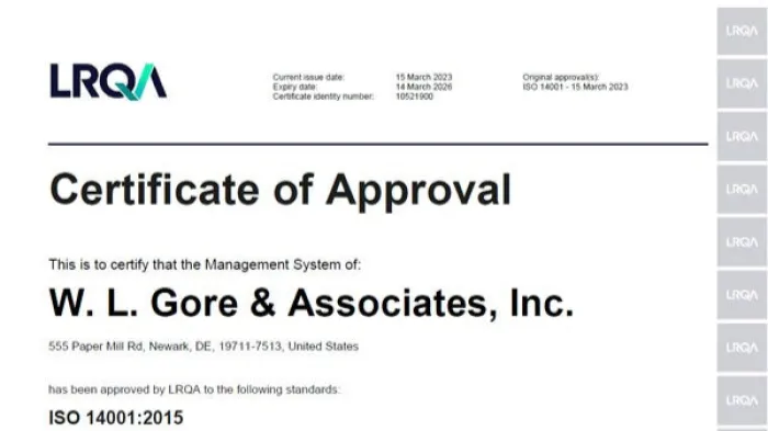 The first page of the ISO14001 certificate.