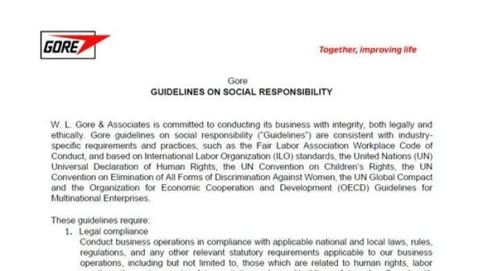 First page of Gore Guidelines on Social Responsibility