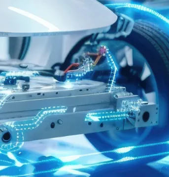 Stylistic blue lighting surrounding a vehicles wheels.