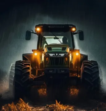 Tractor at night with lights on.