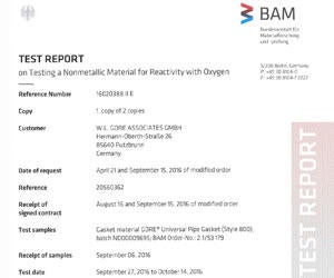 oxygen service bam report for gore universal pipe gasket style